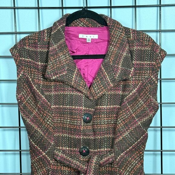 CAbi Tweed Plaid Cap‎ Sleeve Blazer Womens M Brown Wool Cottagecore Fall - Picture 3 of 9